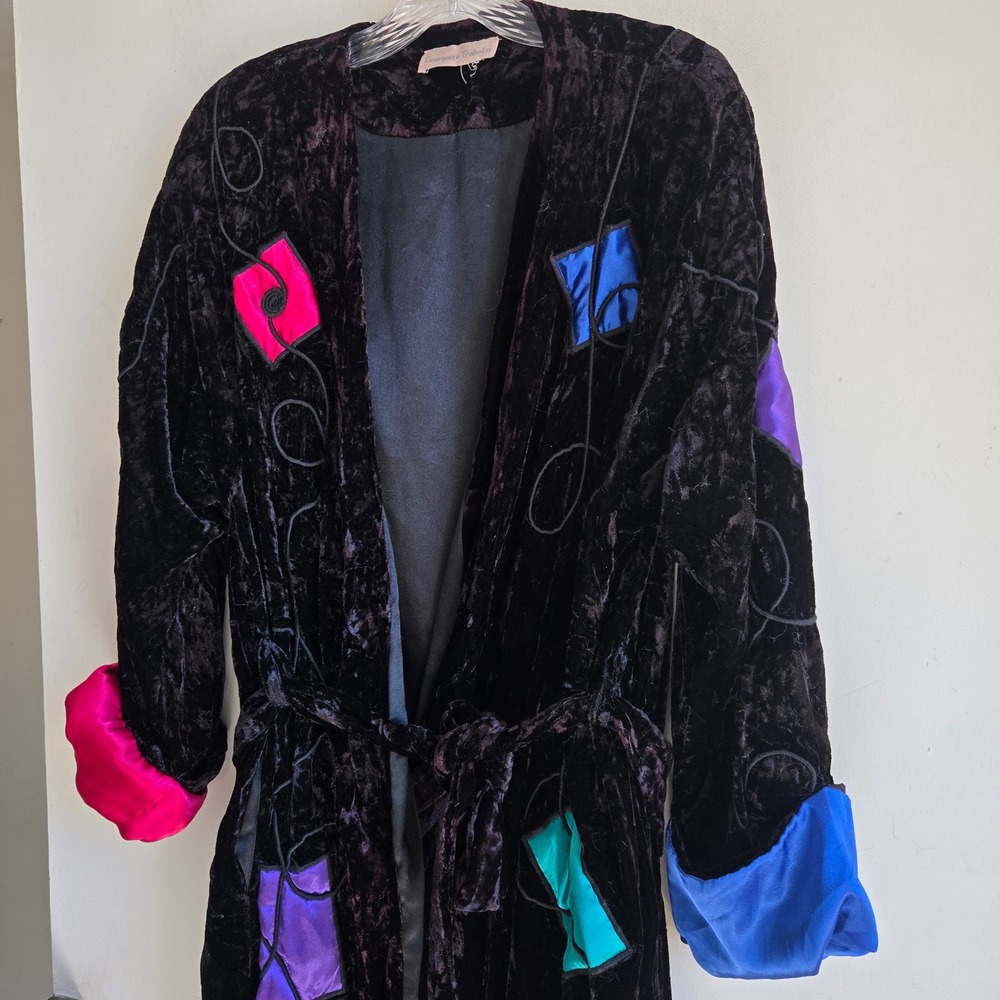 Georgette Trabolsi OS Velvet Duster Robe Womens Black Patchwork Good Vintage